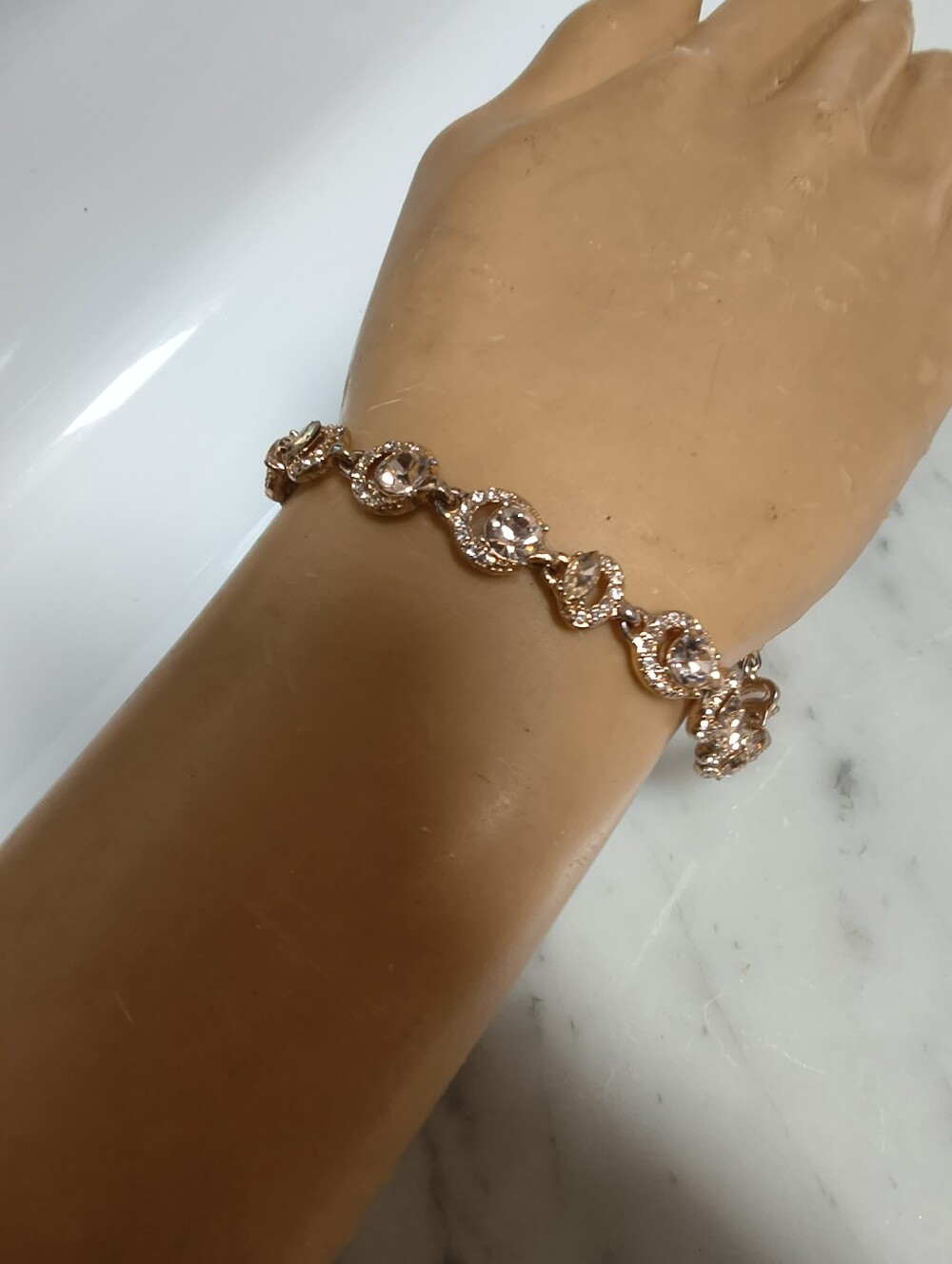 "Vintage Givenchy Signed Rose Gold Tone Rhinestone Tennis Bracelet Scalloped Cry